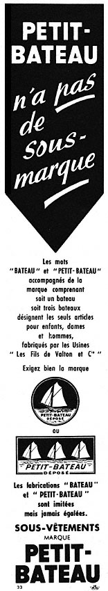 Publicité Petit bateau 1952