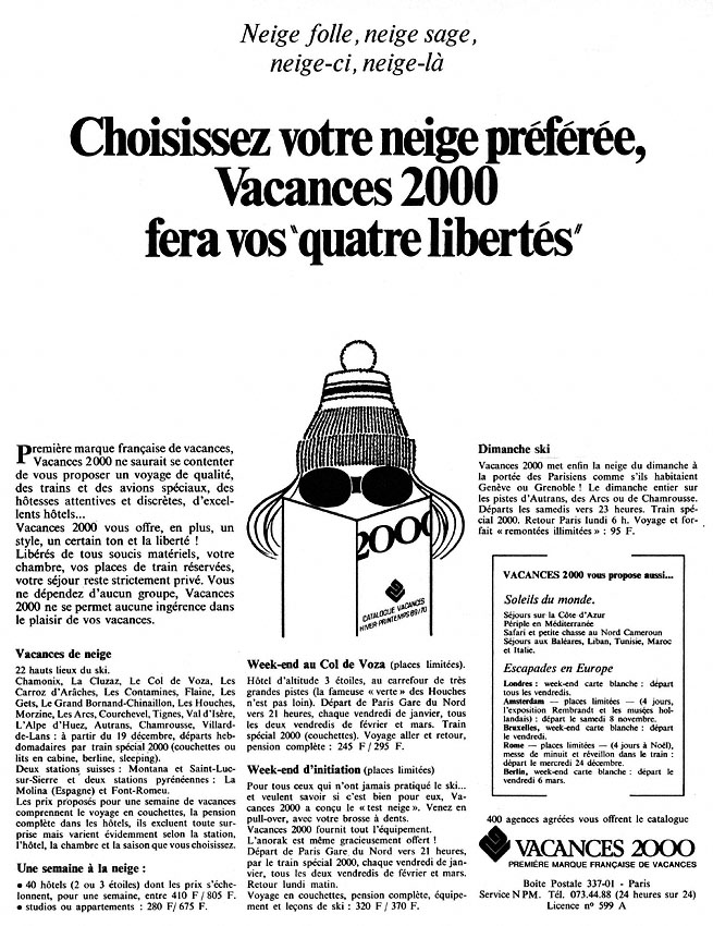 Publicité Vacances 2000 1969